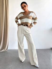 EURMUSE Khối màu Thả vai Áo len - Màu Khaki - Xem 3