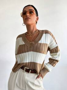 EURMUSE Khối màu Thả vai Áo len - Màu Khaki - Xem 4