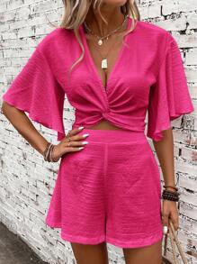 SHEIN VCAY Twist Front Butterfly Sleeve Crop Top & Shorts - Hot Pink - View 1