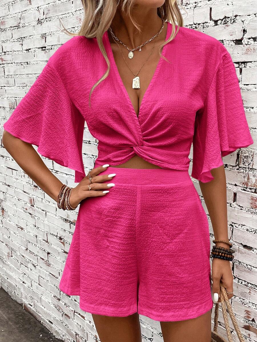 SHEIN VCAY Twist Front Butterfly Sleeve Crop Top & Shorts - Hot Pink - View 1