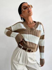 EURMUSE Khối màu Thả vai Áo len - Màu Khaki - Xem 5