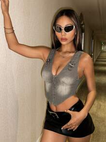 SHEIN ICON 帶扣細節弧形下擺牛仔背心上衣 - 軍綠色 - 查看 6