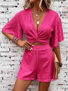 SHEIN VCAY Twist Front Butterfly Sleeve Crop Top & Shorts - Hot Pink - View 4