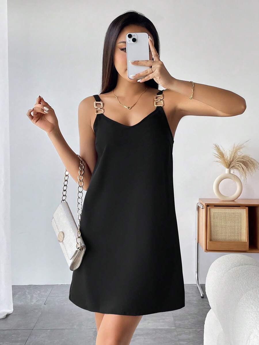 SHEIN PETITE Solid Cami Dress - Black - View 1