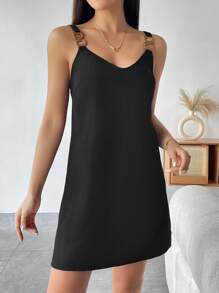 SHEIN PETITE Solid Cami Dress - Black - View 3