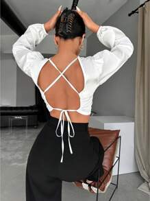 SHEIN PETITE Crisscross Tie Backless Lantern Sleeve Crop Blouse - White - View 1