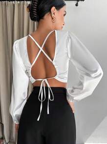 SHEIN PETITE Crisscross Tie Backless Lantern Sleeve Crop Blouse - White - View 2