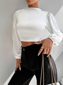 SHEIN PETITE Crisscross Tie Backless Lantern Sleeve Crop Blouse - White - View 3