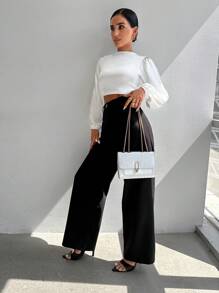 SHEIN PETITE Crisscross Tie Backless Lantern Sleeve Crop Blouse - White - View 5