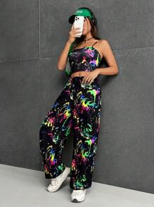 SHEIN EZwear Reflective Splash Ink Print Cami Top & Wide Leg Pants-Two Piece Set - Multicolor - View 2