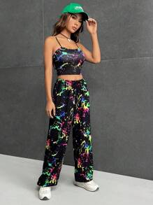 SHEIN EZwear Reflective Splash Ink Print Cami Top & Wide Leg Pants-Two Piece Set - Multicolor - View 4