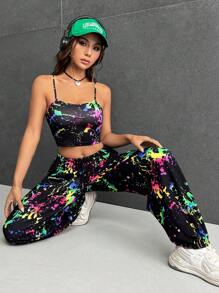 SHEIN EZwear Reflective Splash Ink Print Cami Top & Wide Leg Pants-Two Piece Set - Multicolor - View 5