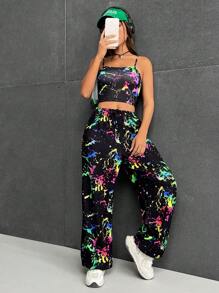 SHEIN EZwear Reflective Splash Ink Print Cami Top & Wide Leg Pants-Two Piece Set - Multicolor - View 1