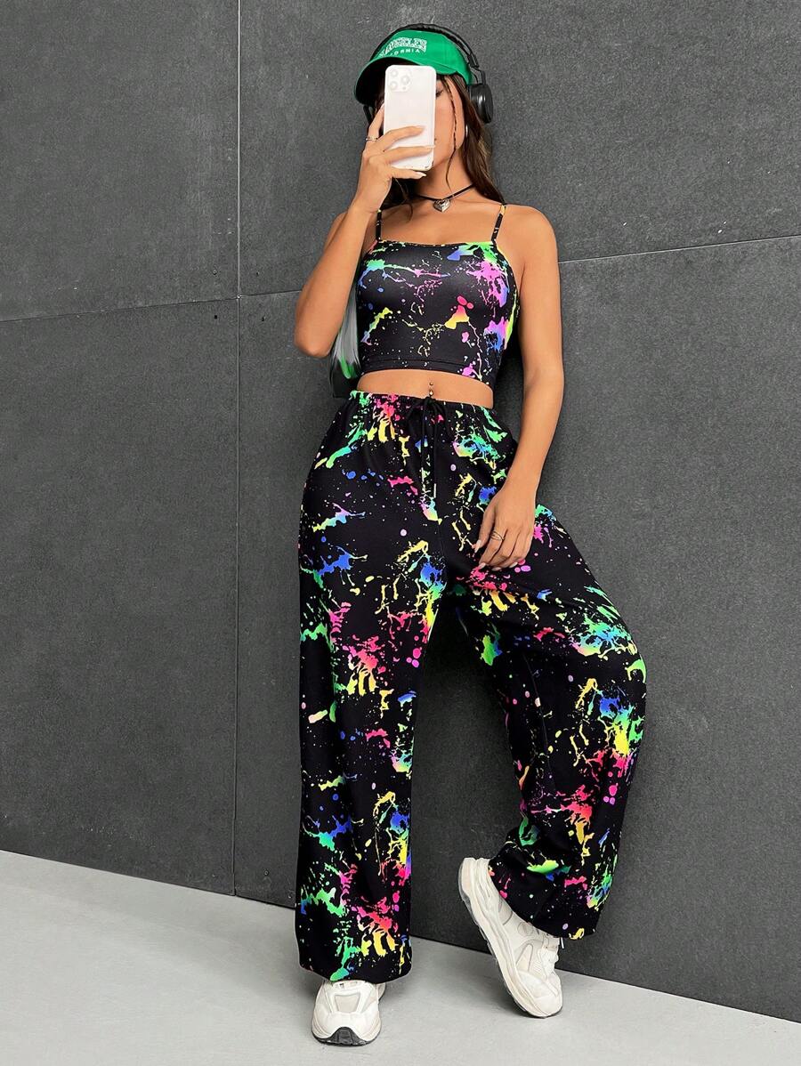 SHEIN EZwear Reflective Splash Ink Print Cami Top & Wide Leg Pants-Two Piece Set - Multicolor - View 1