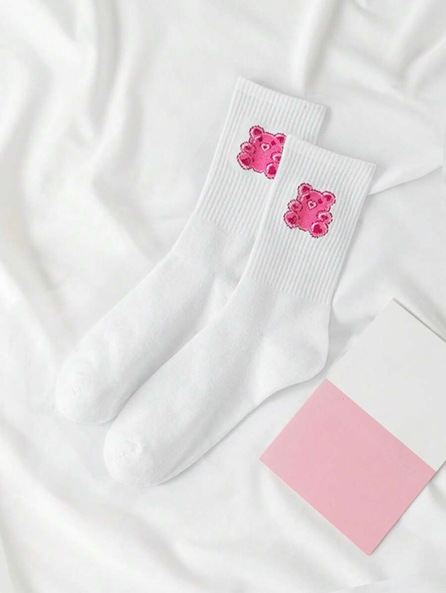 Betsydoodles Women Cartoon Bear Pattern Cute Crew Socks For Daily Life - White - View 1