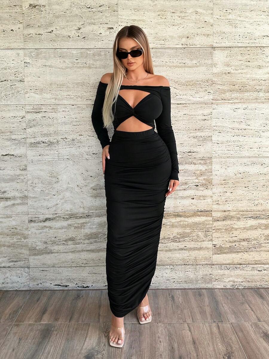 SHEIN Essnce Off Shoulder Cut Out Ruched Bodycon Dress - Black - View 1
