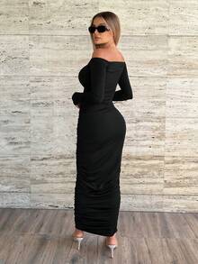 SHEIN Essnce Off Shoulder Cut Out Ruched Bodycon Dress - Black - View 2