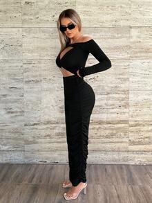 SHEIN Essnce Off Shoulder Cut Out Ruched Bodycon Dress - Black - View 3