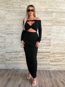 SHEIN Essnce Off Shoulder Cut Out Ruched Bodycon Dress - Black - View 5