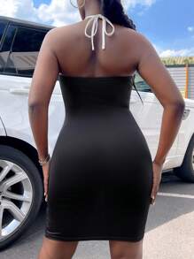 Zolique Graphic Print Crisscross Tie Backless Halter Bodycon Dress