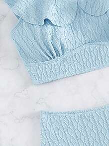 Swim Mod Ruffle Trim High Waisted Bikini Set Summer Beach - Baby Blue - View 3