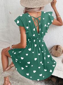 SHEIN Frenchy 愛心圖案後綁帶蝴蝶袖連衣裙