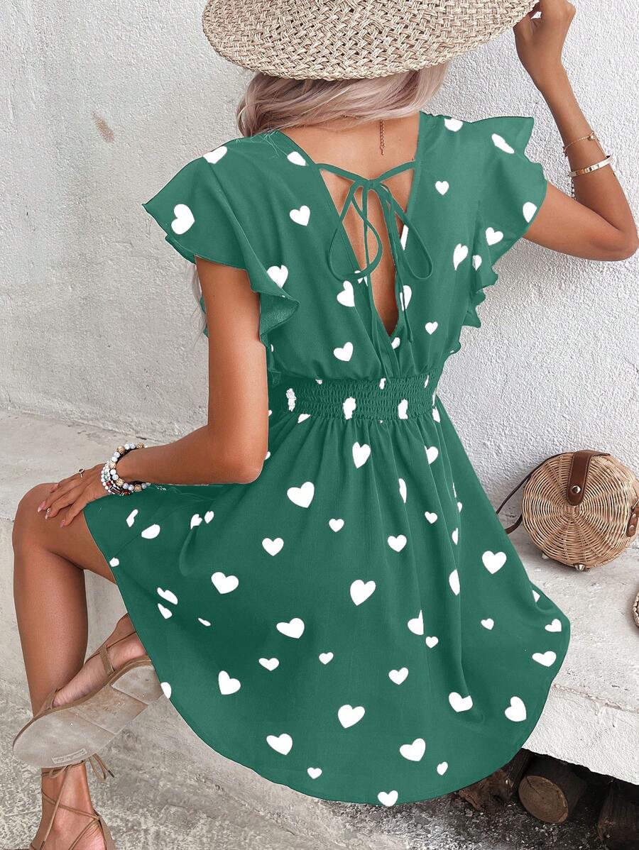 SHEIN Frenchy 愛心圖案後綁帶蝴蝶袖連衣裙