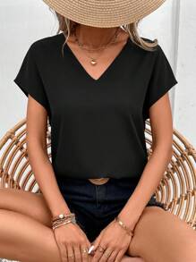 SHEIN Frenchy 素色蝙蝠袖襯衫 - 黑色 - 查看 1