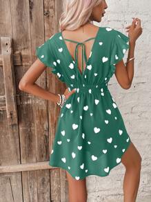 SHEIN Frenchy 愛心圖案後綁帶蝴蝶袖連衣裙