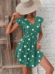 SHEIN Frenchy 愛心圖案後綁帶蝴蝶袖連衣裙