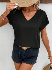 SHEIN Frenchy 素色蝙蝠袖襯衫 - 黑色 - 查看 4