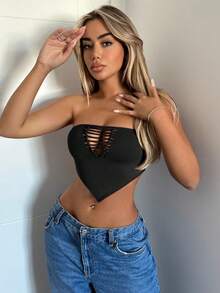 SHEIN ICON Cut Out Bandana Hem Tube Top - Black - View 4