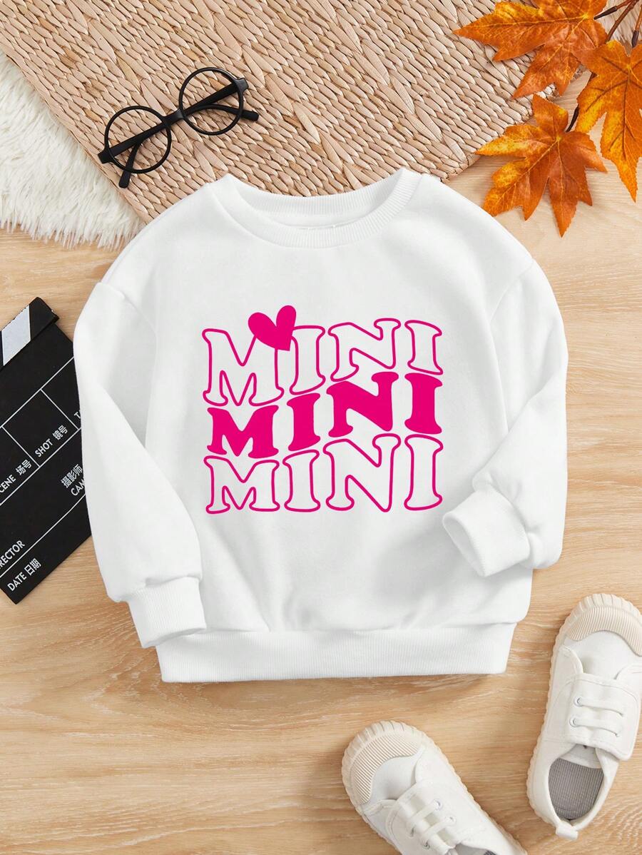 Baby Girl Loose Crew Neck Fleece Letter Graphic Drop Shoulder Long Sleeve Sweatshirt, Suitable For Autumn/Winter - White - View 1
