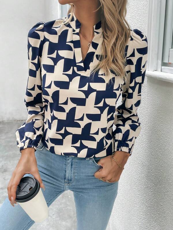 EMERY ROSE Allover Print Notched Neckline Blouse