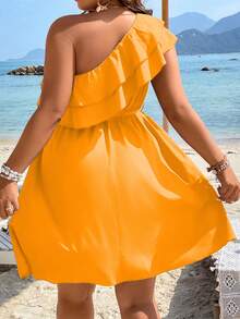 SHEIN Holidaya Hơn Một bờ vai Viền Ruffle Váy có thắt lưng - Màu vàng - Xem 2
