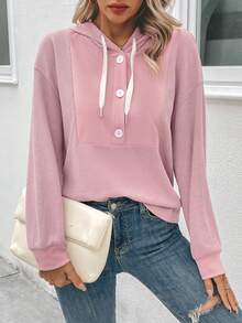 SHEIN LUNE Nút Nửa Thả vai Dây rút Áo nỉ có mũ - Bụi hồng - Xem 5