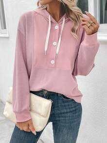 SHEIN LUNE Nút Nửa Thả vai Dây rút Áo nỉ có mũ - Bụi hồng - Xem 7