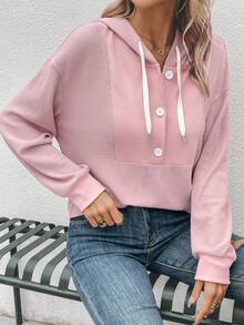 SHEIN LUNE Nút Nửa Thả vai Dây rút Áo nỉ có mũ - Bụi hồng - Xem 3