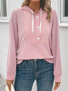 SHEIN LUNE Nút Nửa Thả vai Dây rút Áo nỉ có mũ - Bụi hồng - Xem 2