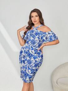 SHEIN Privé Hơn In hoa Vai lạnh Viền Ruffle Váy bodycon - Xanh và trắng - Xem 4