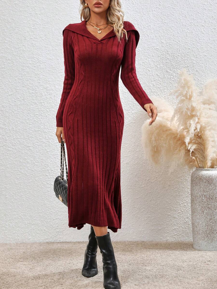 SHEIN LUNE Sailor Collar Cable Knit Sweater Dress - Red Violet - View 1
