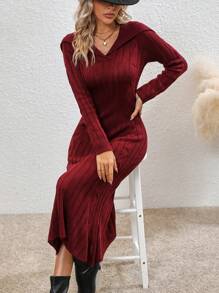 SHEIN LUNE Sailor Collar Cable Knit Sweater Dress - Red Violet - View 4