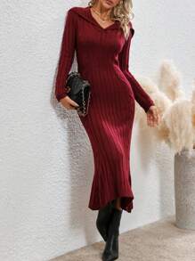 SHEIN LUNE Sailor Collar Cable Knit Sweater Dress - Red Violet - View 5