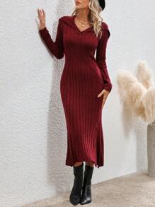 SHEIN LUNE Sailor Collar Cable Knit Sweater Dress - Red Violet - View 6