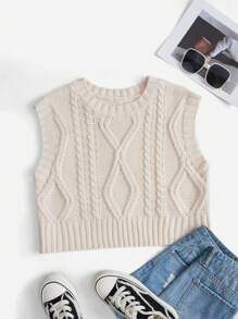 SHEIN MOD Xoắn Dan Áo len vest Không có áo lót - Màu be - Xem 1