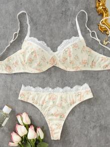 Floral Print Lace Trim Underwire Lingerie Set - Multicolor - View 3