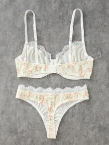 Floral Print Lace Trim Underwire Lingerie Set - Multicolor - View 2