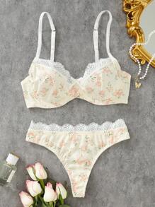 Floral Print Lace Trim Underwire Lingerie Set - Multicolor - View 1