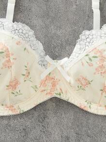 Floral Print Lace Trim Underwire Lingerie Set - Multicolor - View 4