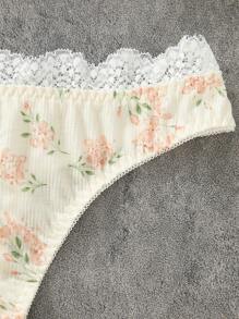 Floral Print Lace Trim Underwire Lingerie Set - Multicolor - View 5